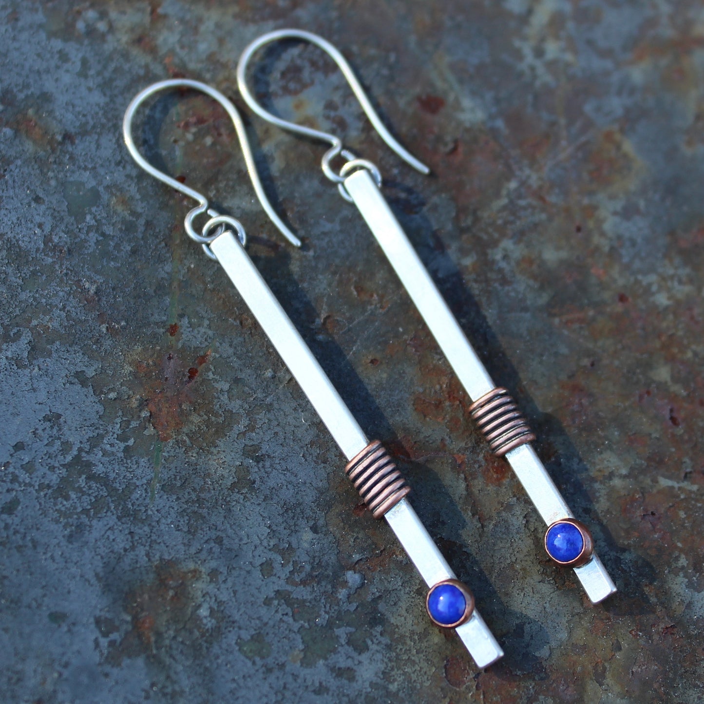 Lapis Lazuli, Silver and Copper Stick Earrings