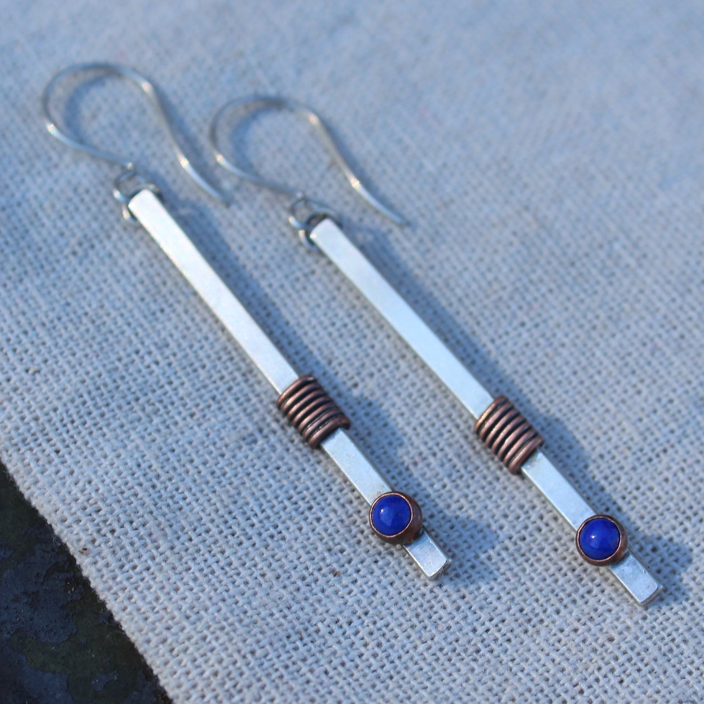 Lapis Lazuli, Silver and Copper Stick Earrings