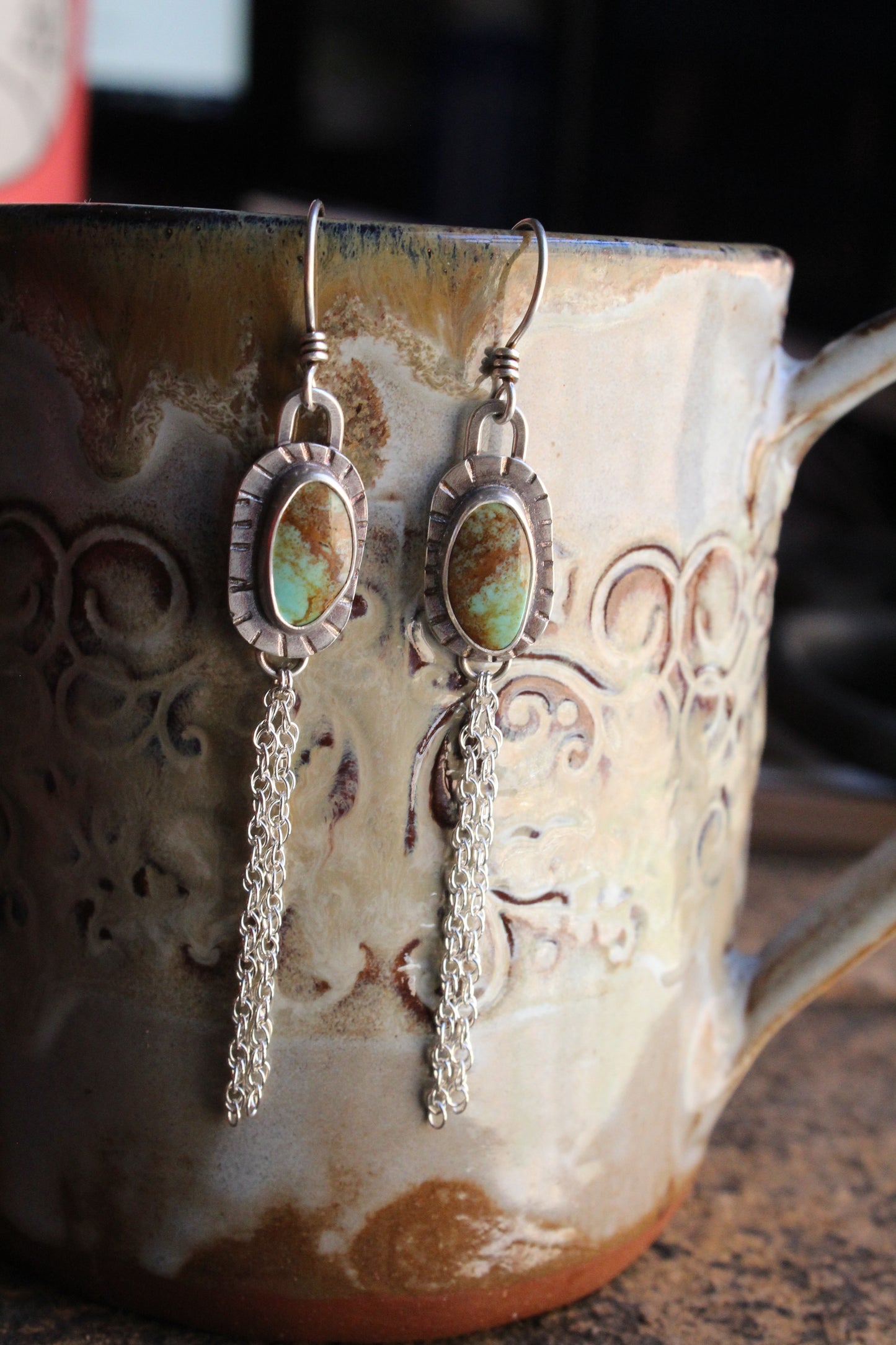 Kingman Turquoise and Silver Chain Earrings