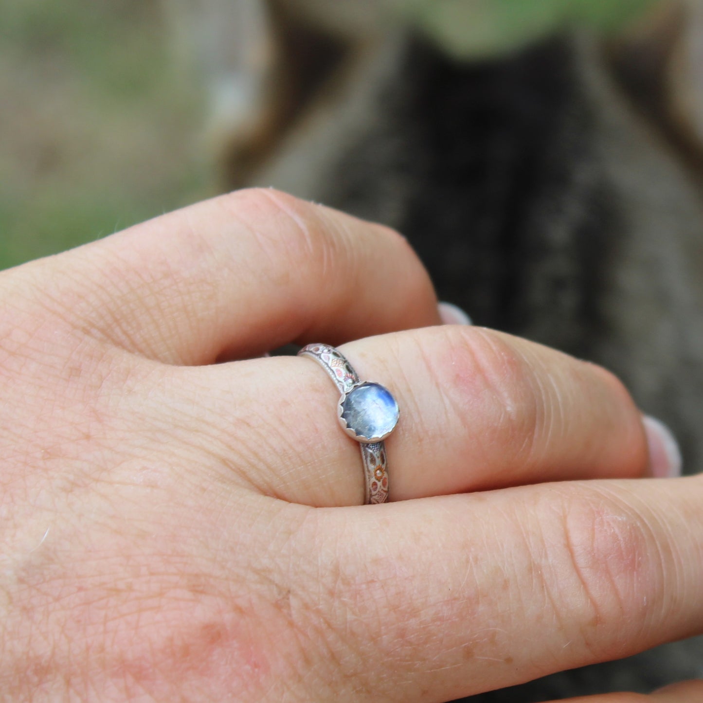 Size 7 1/2 Rainbow Moonstone on Dogwood Flower Band