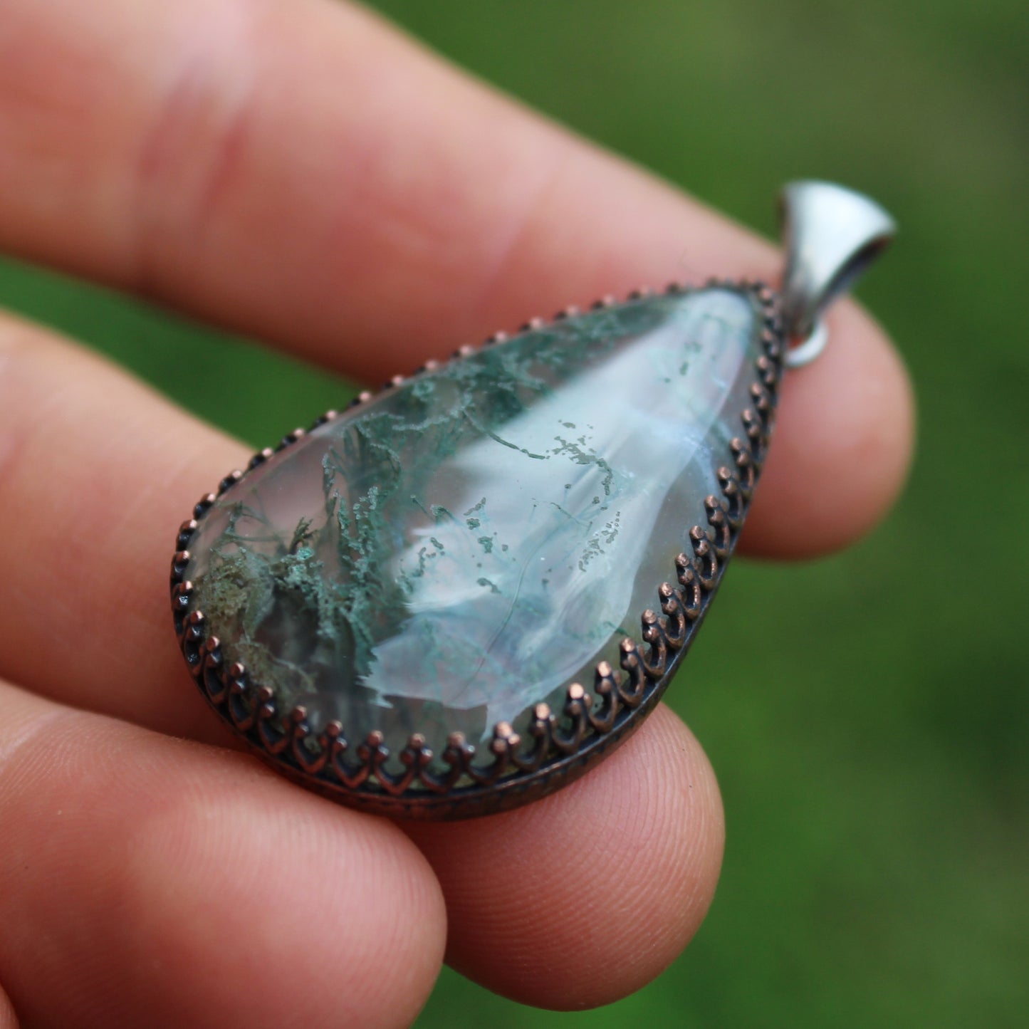 Moss Agate Necklace with Minimal Open Back