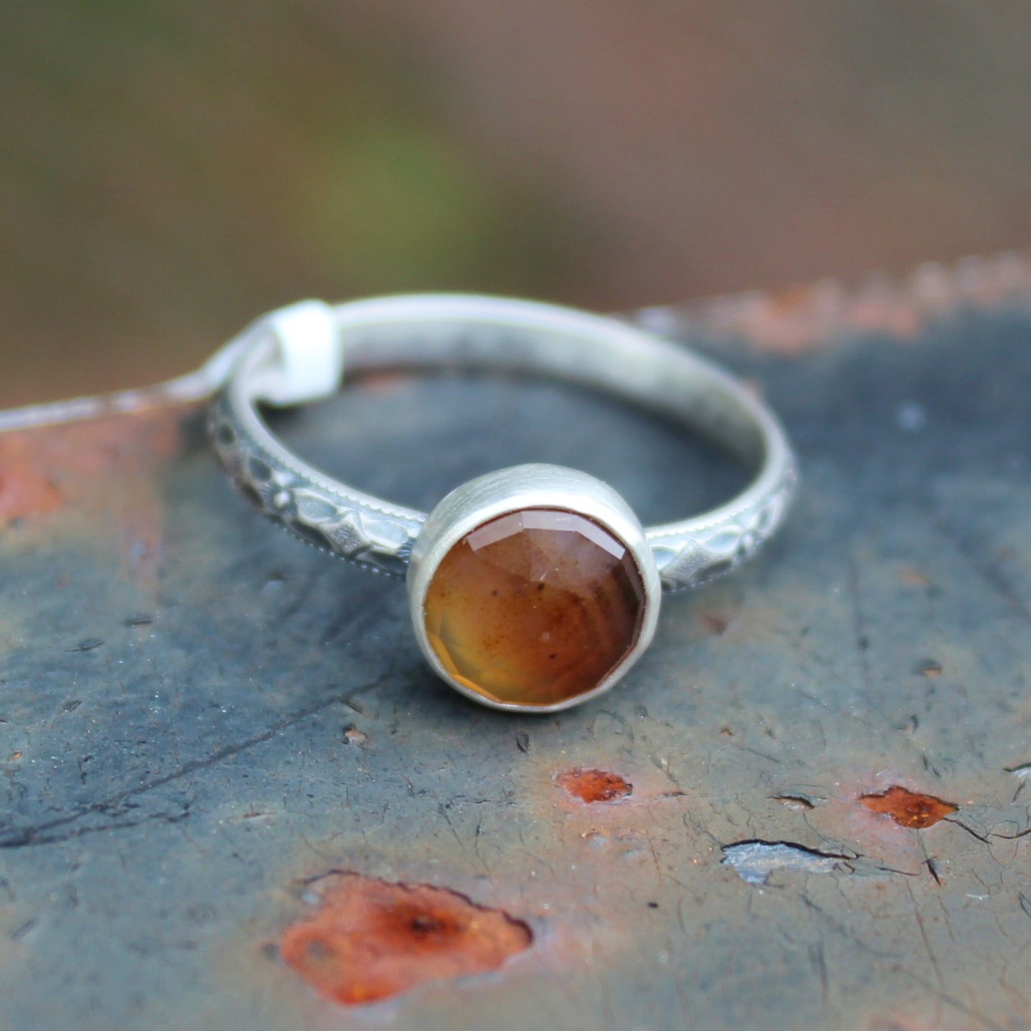 Size 9 1/2 Montana Agate Ring with Dogwood Floral Sterling Silver Band