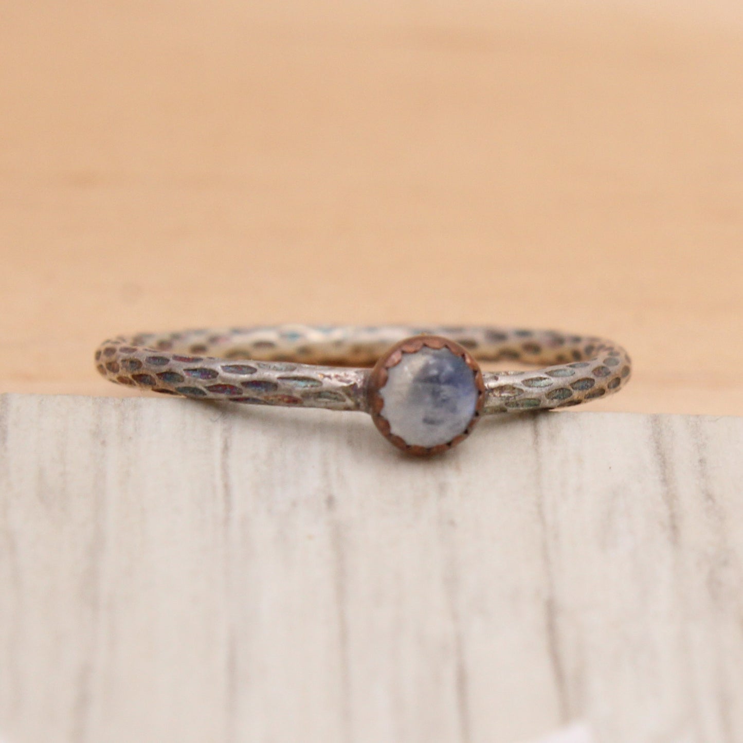 Size 8.5 Rainbow Moonstone, Copper and Silver Ring