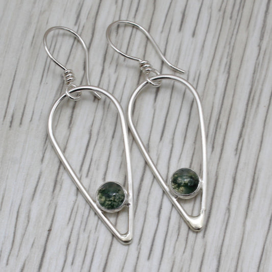 Moss Agate and Sterling Silver Inverted Teardrop Earrings