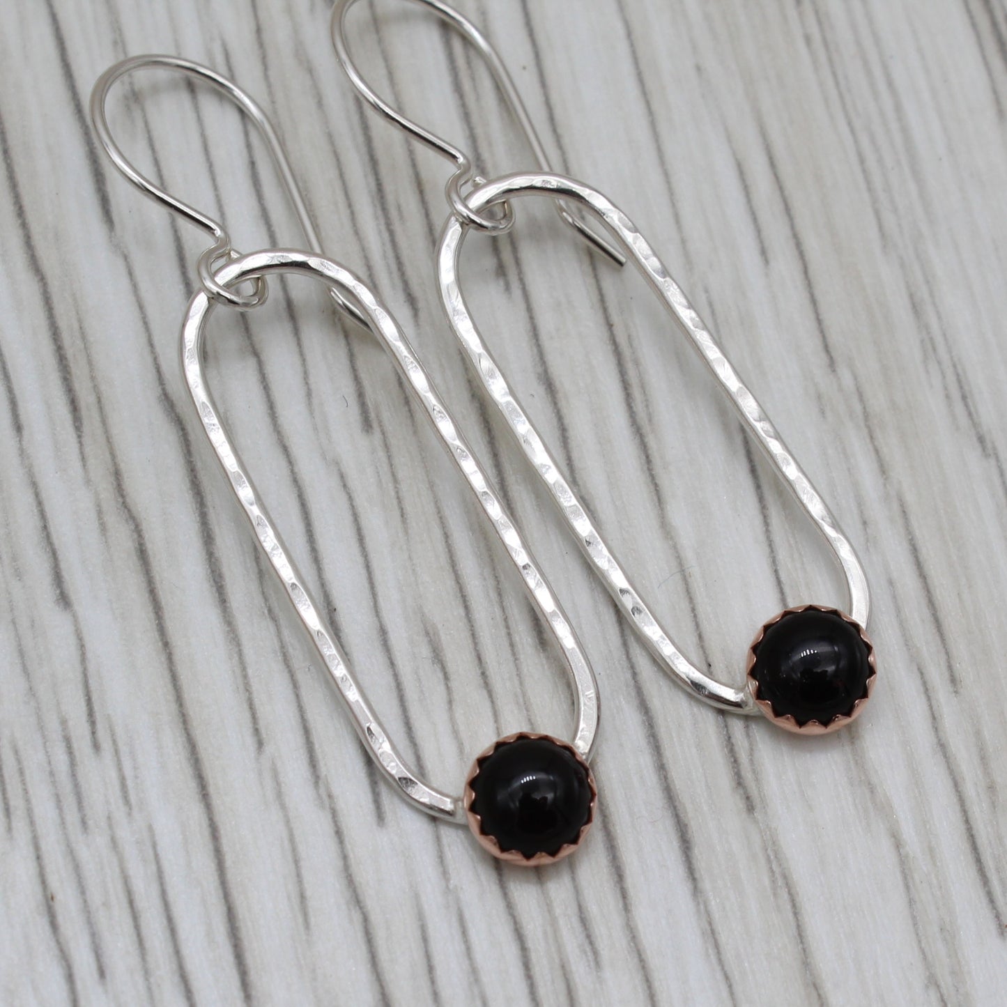 Onyx, Copper and Silver Dangle Earrings