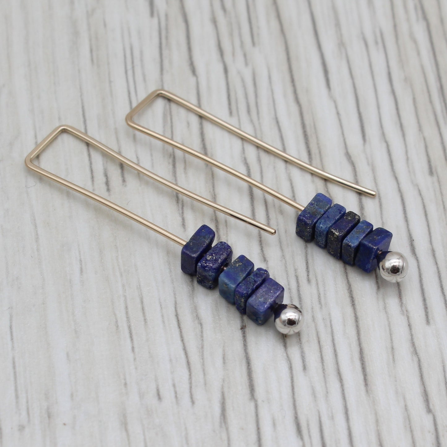Gold Filled, Lapis, and Silver Hook Earrings