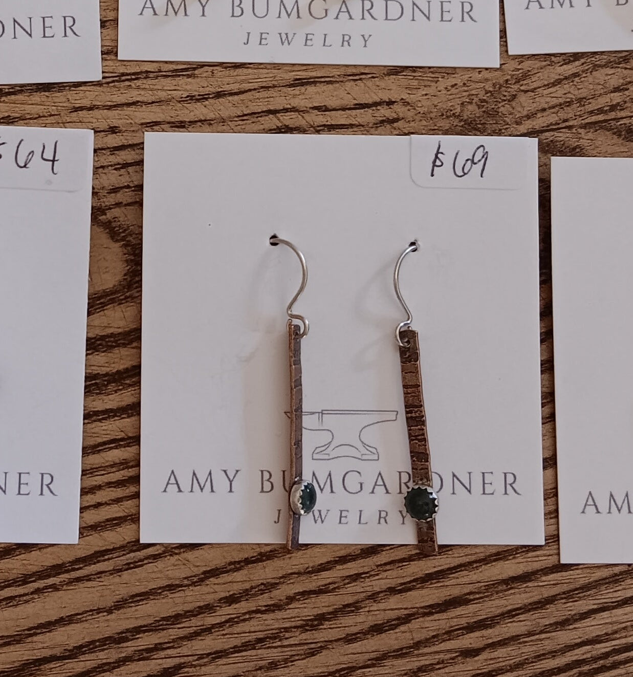 Moss Agate and Copper stick earrings