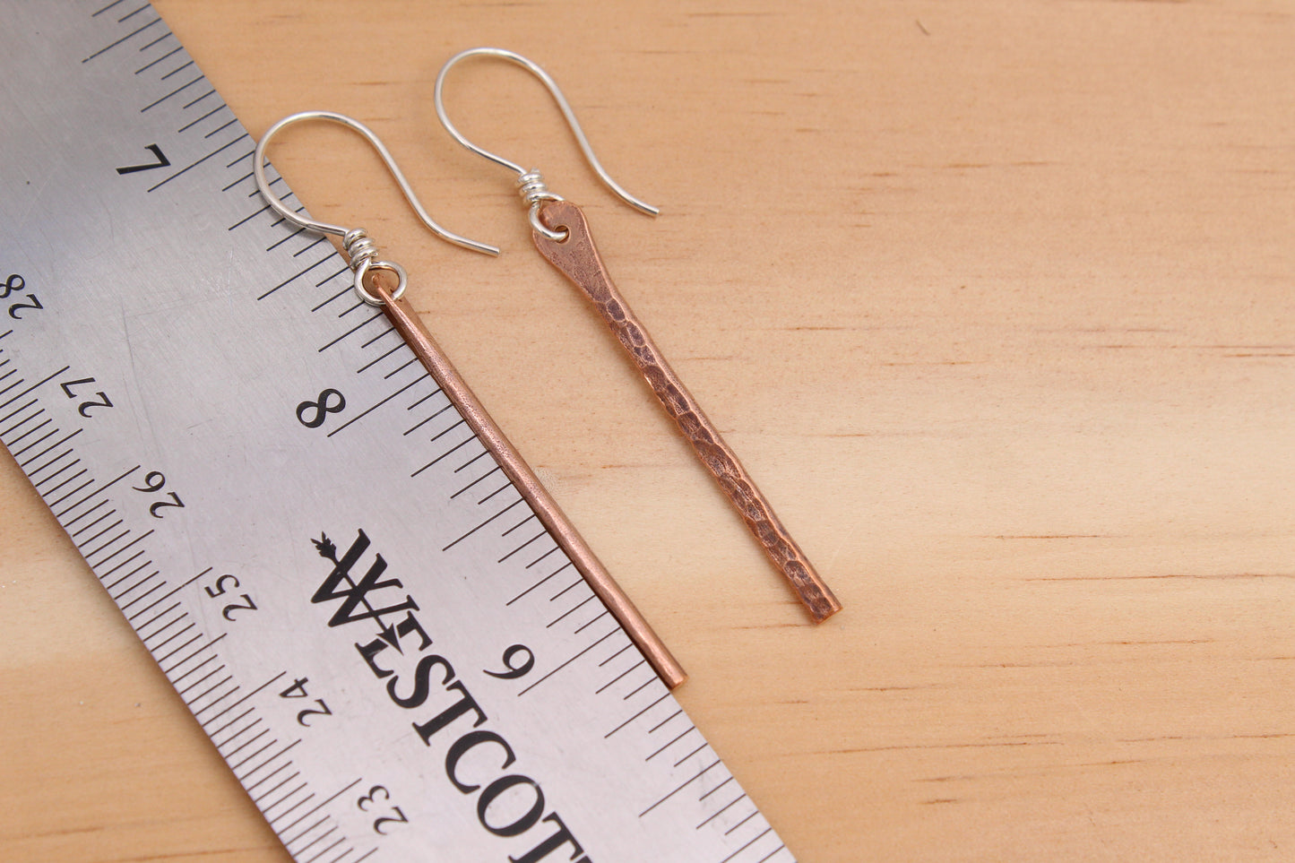 Copper Stick Dangle Earrings - Long - Hammered or Textured