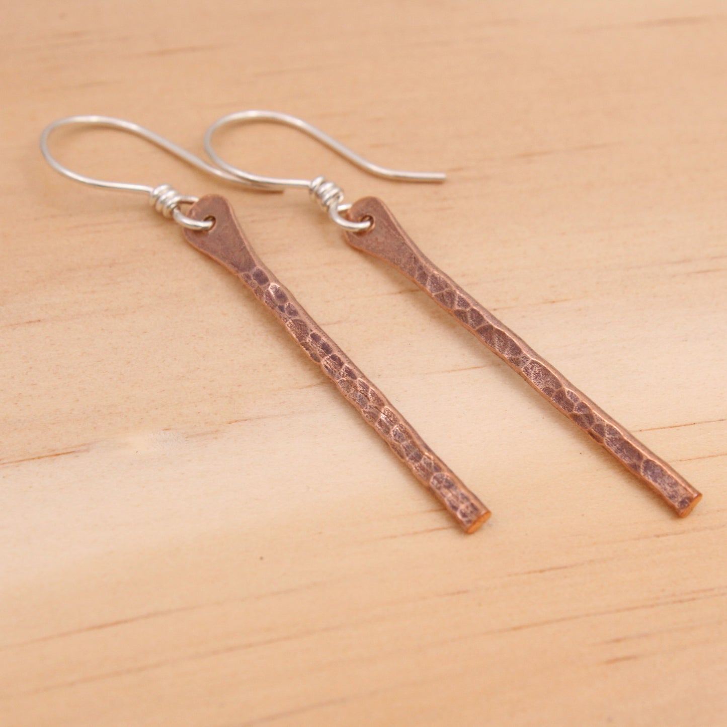 Copper Stick Dangle Earrings - Long - Hammered or Textured