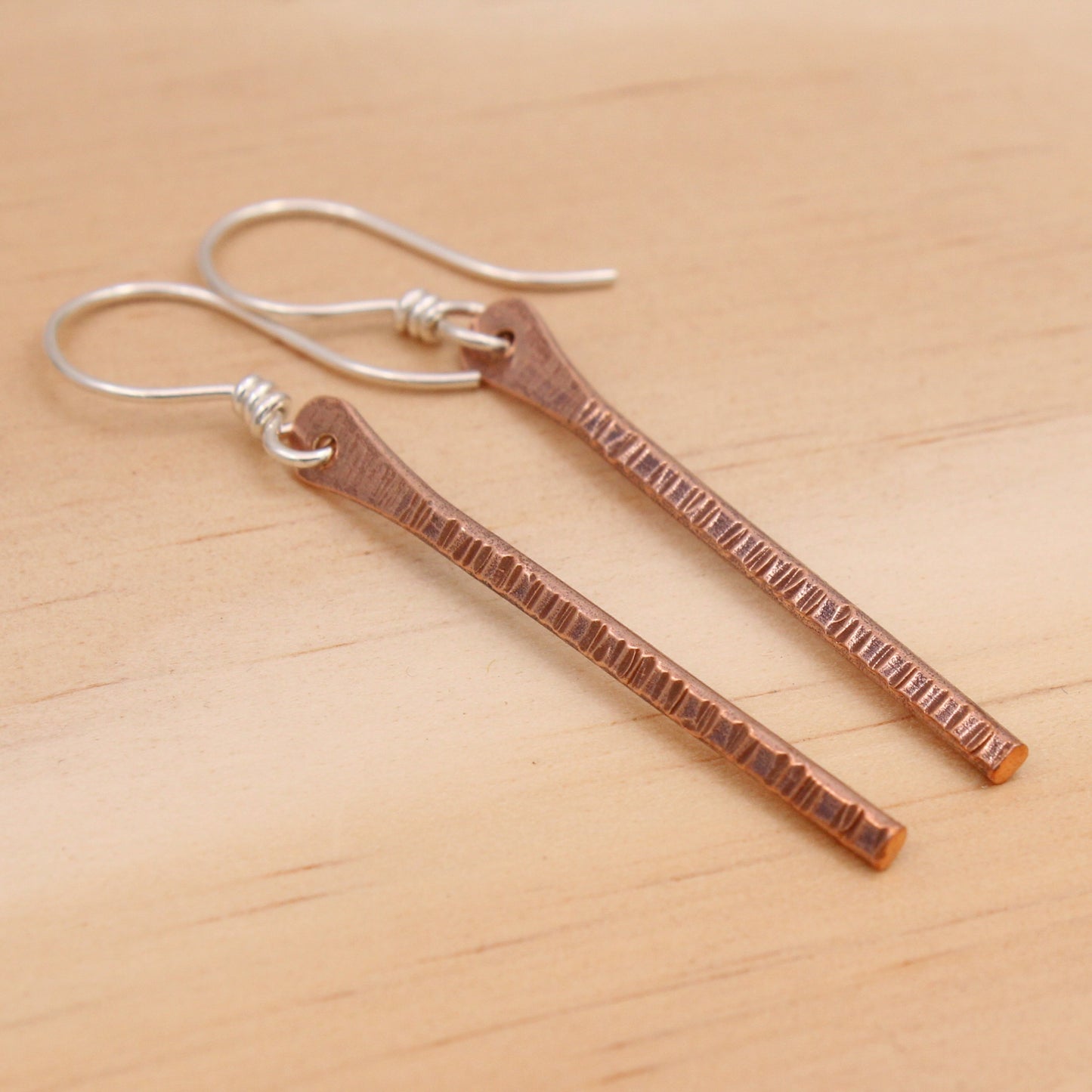 Copper Stick Dangle Earrings - Long - Hammered or Textured