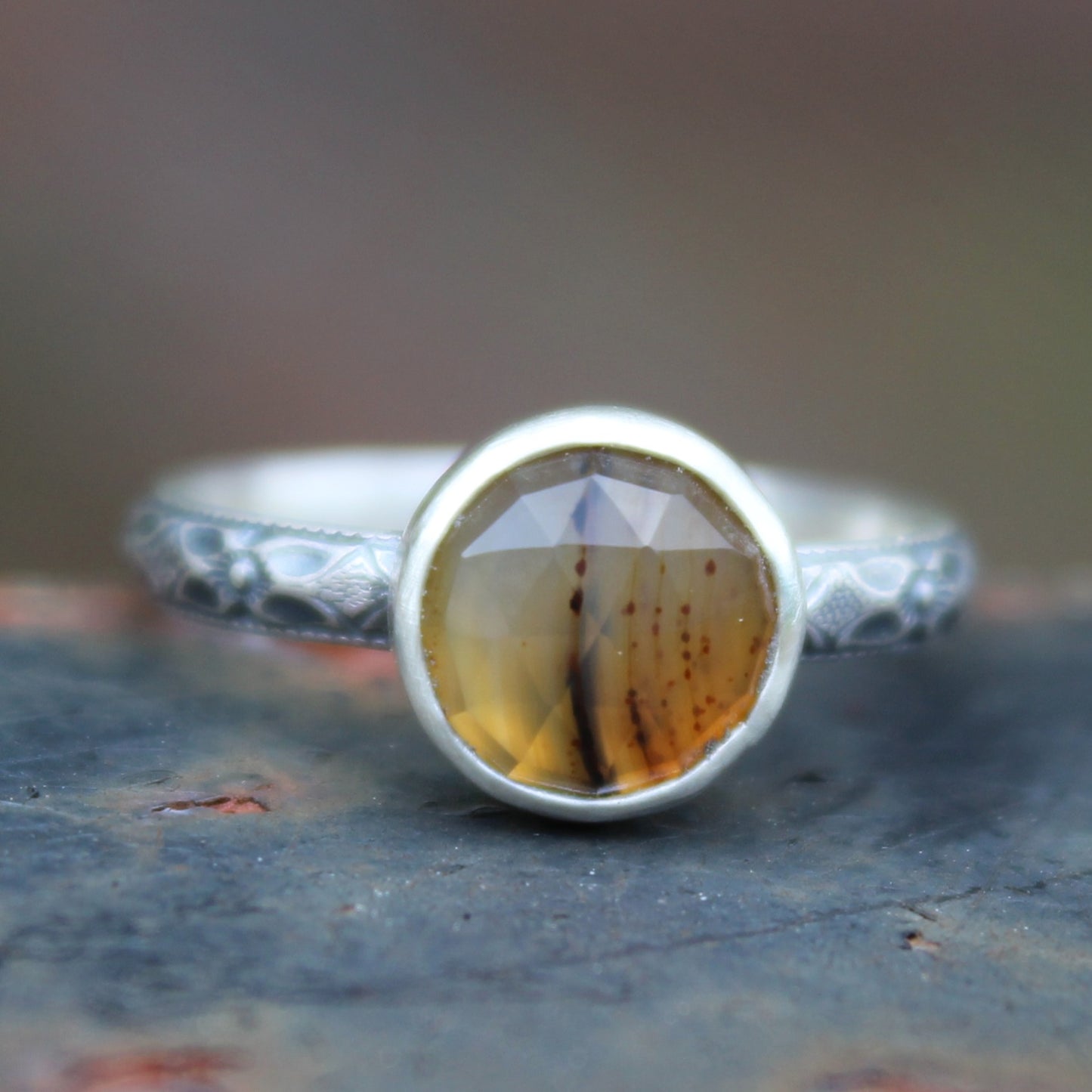 Size 6 Montana Agate Ring with Dogwood Floral Sterling Silver Band