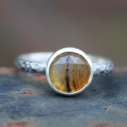 Size 6 Montana Agate Ring with Dogwood Floral Sterling Silver Band