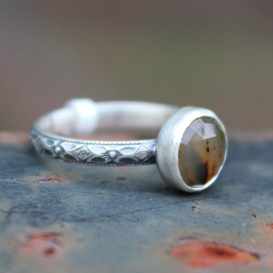 Size 6 Montana Agate Ring with Dogwood Floral Sterling Silver Band