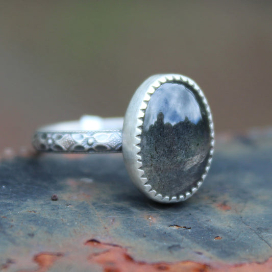 Size  9 Labradorite with Dogwood Floral Sterling Silver Band