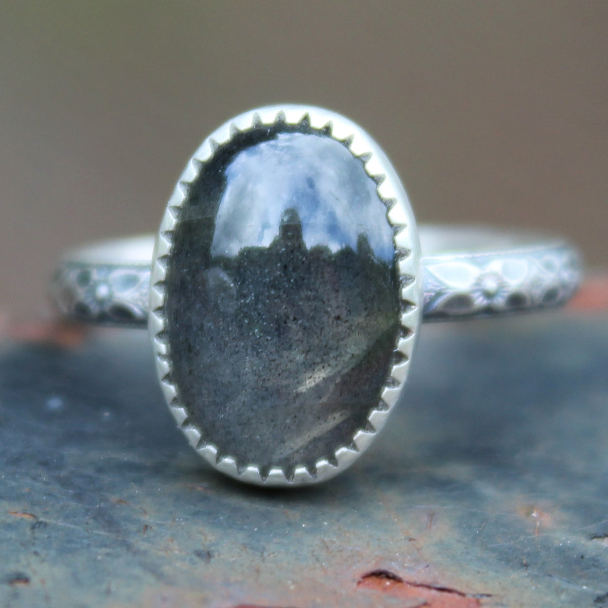 Size  9 Labradorite with Dogwood Floral Sterling Silver Band