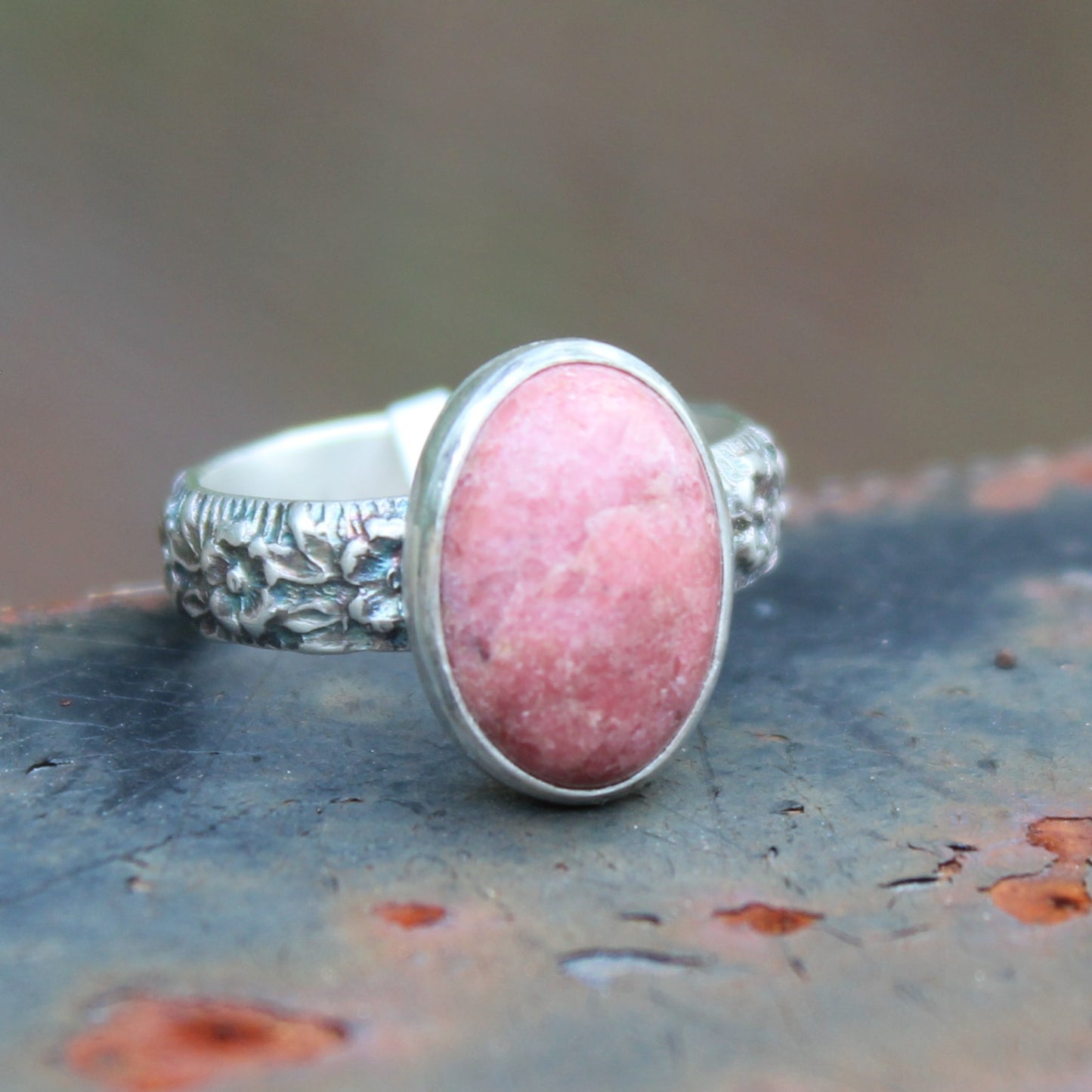 Size 7 1/2 Rose Cabochon on Floral Sterling Silver Band