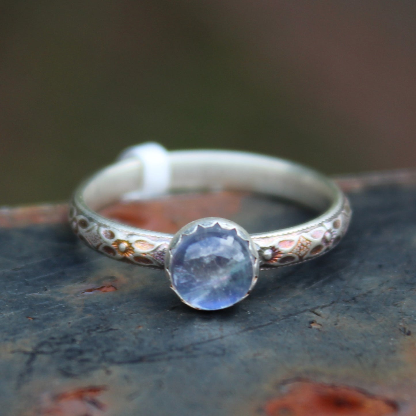Size 7 1/2 Rainbow Moonstone on Dogwood Flower Band