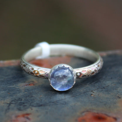 Size 7 1/2 Rainbow Moonstone on Dogwood Flower Band
