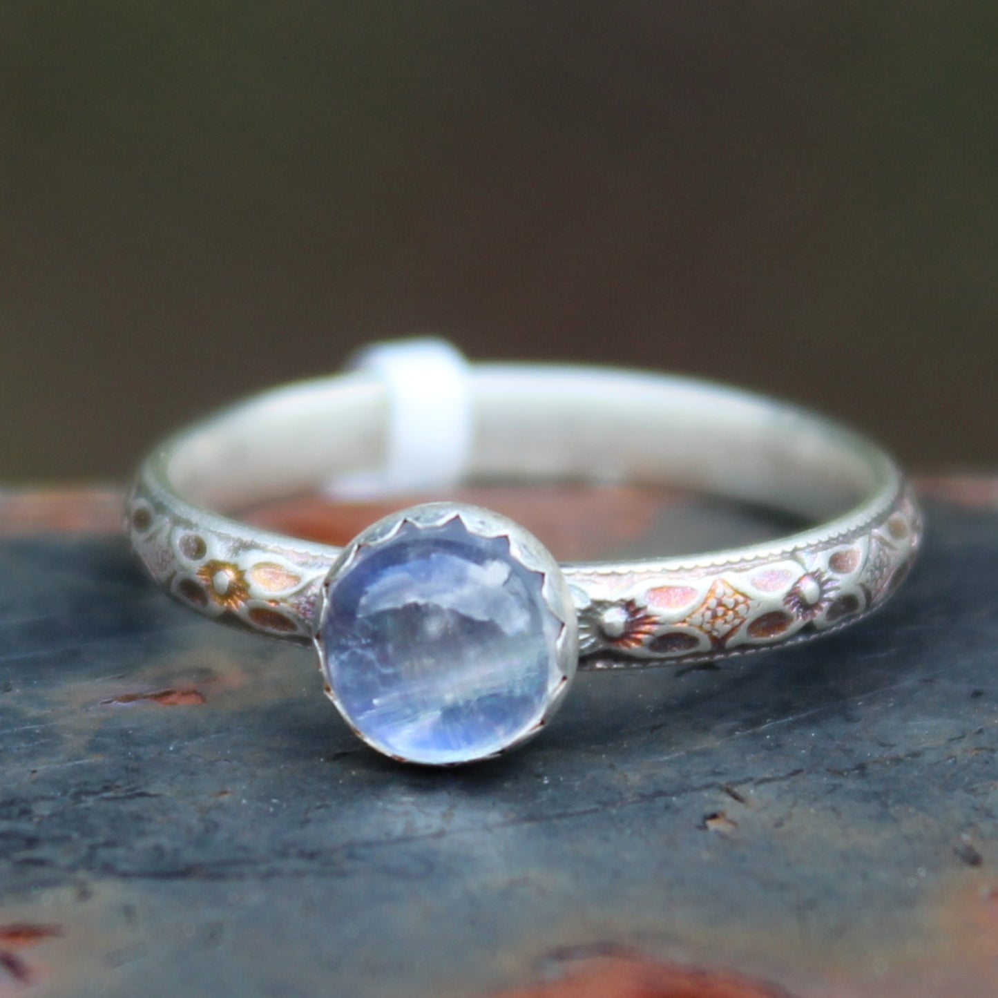 Size 7 1/2 Rainbow Moonstone on Dogwood Flower Band