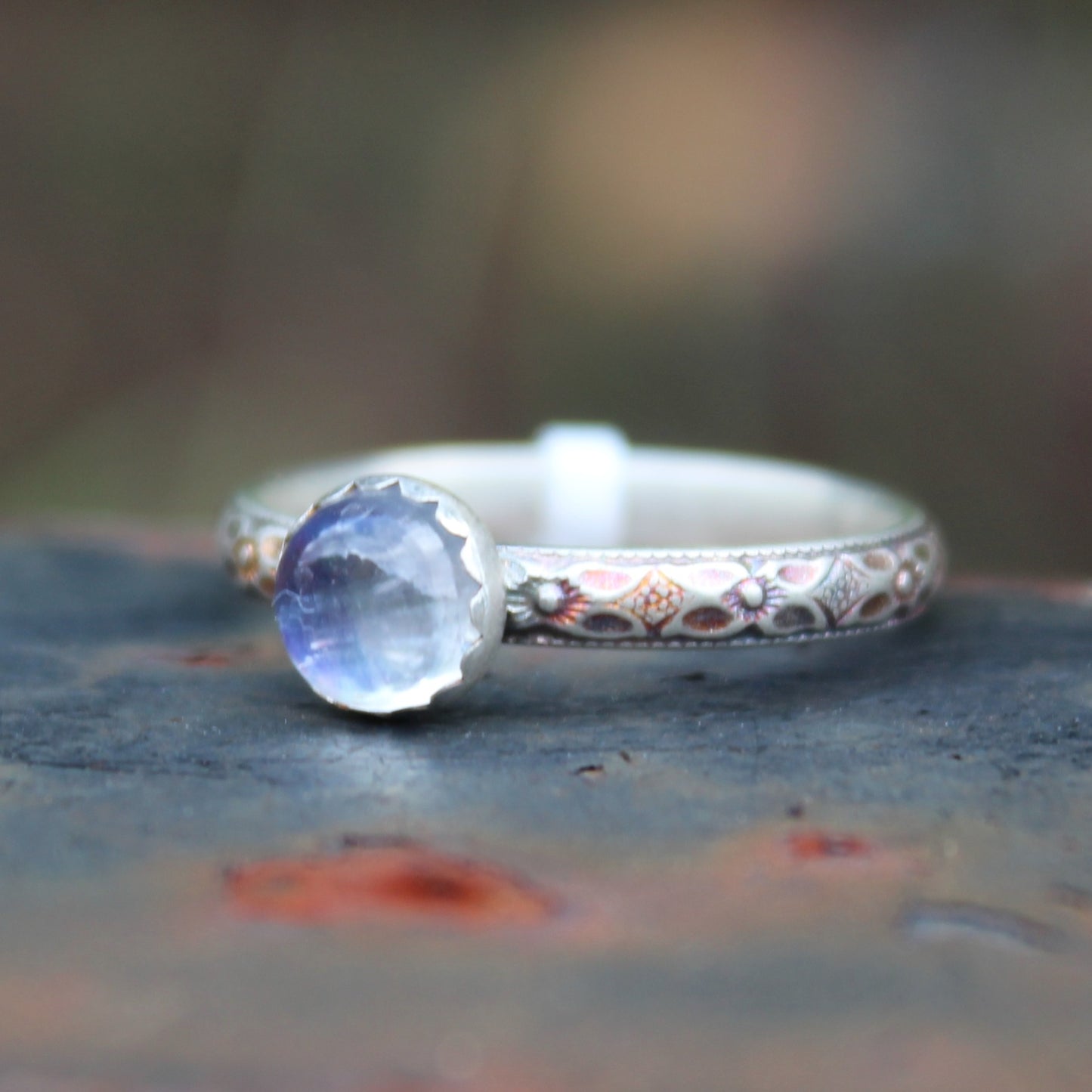 Size 7 1/2 Rainbow Moonstone on Dogwood Flower Band