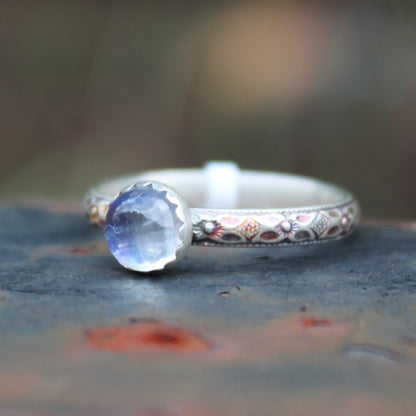 Size 7 1/2 Rainbow Moonstone on Dogwood Flower Band
