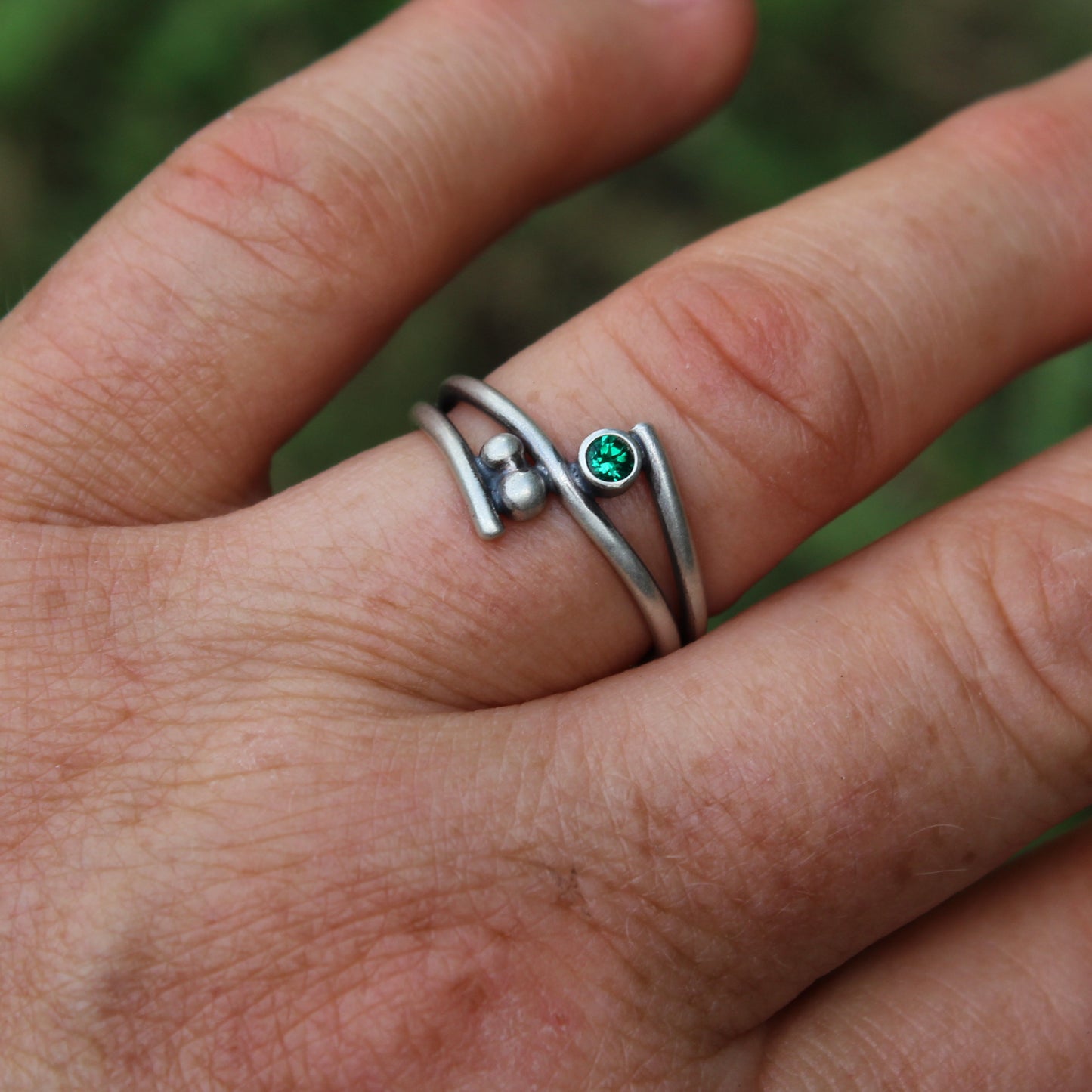 Size 8.5 Lab Grown Emerald and Sterling Silver Ring