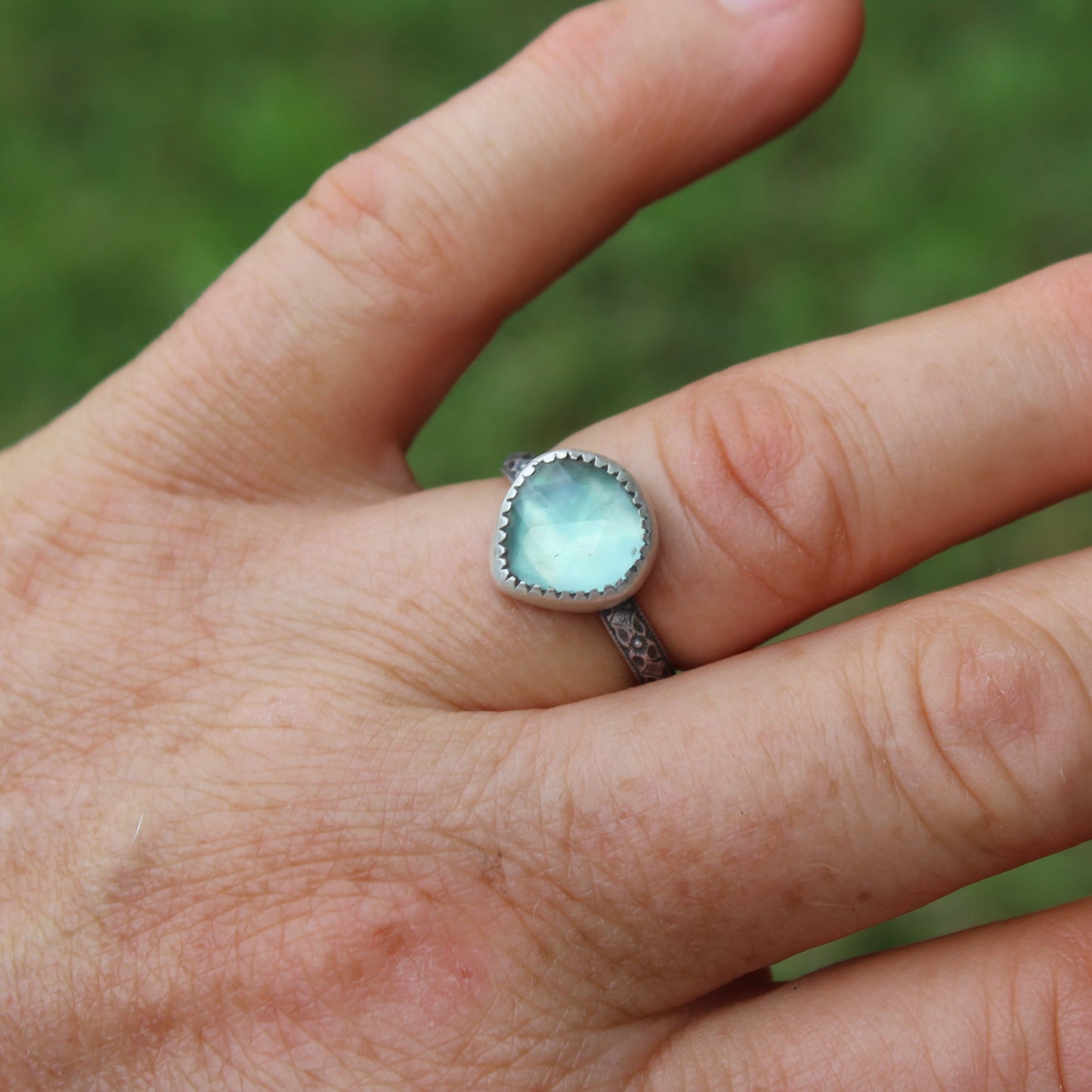 Size 7 Blue Topaz and Mother of Pearl Doublet Ring