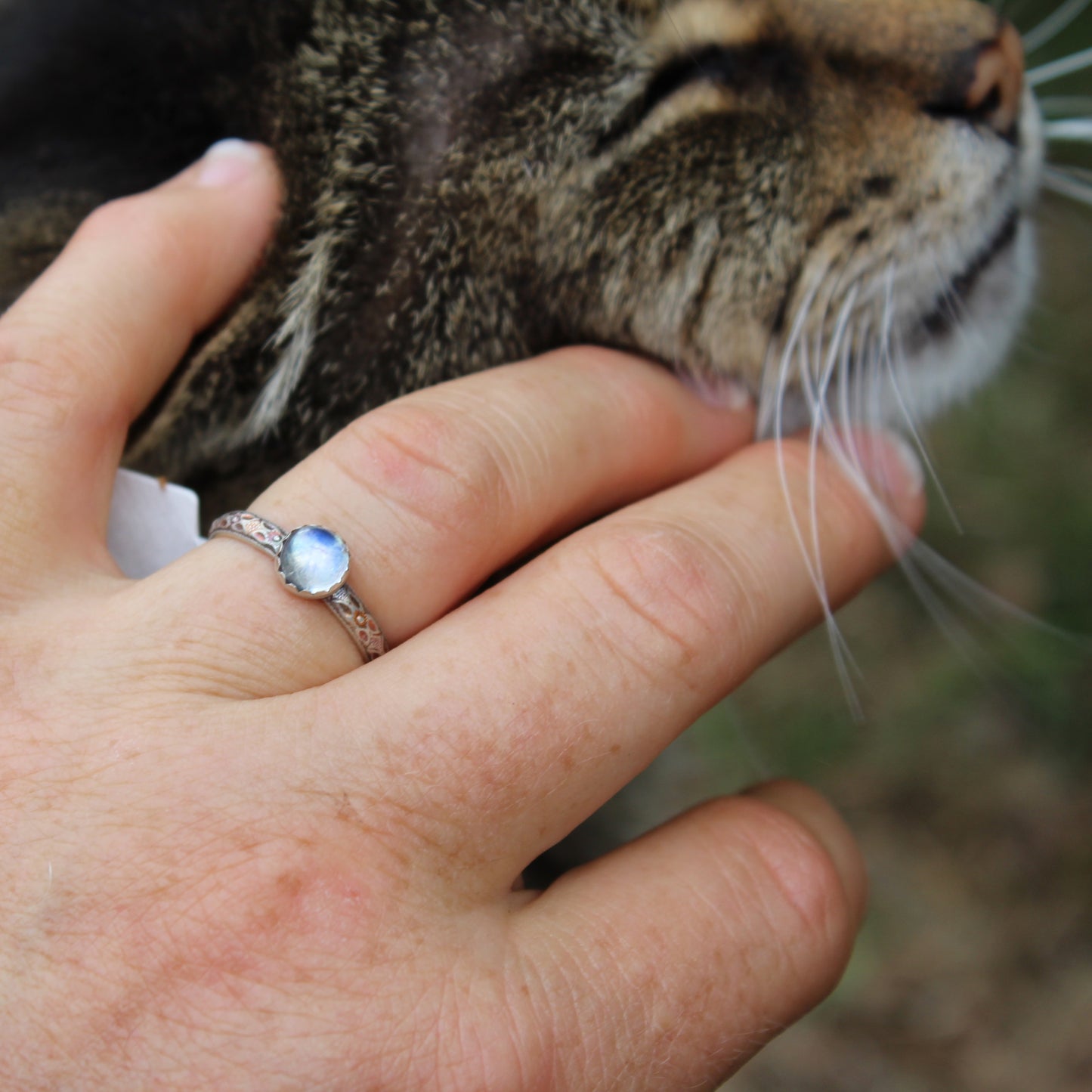 Size 7 1/2 Rainbow Moonstone on Dogwood Flower Band