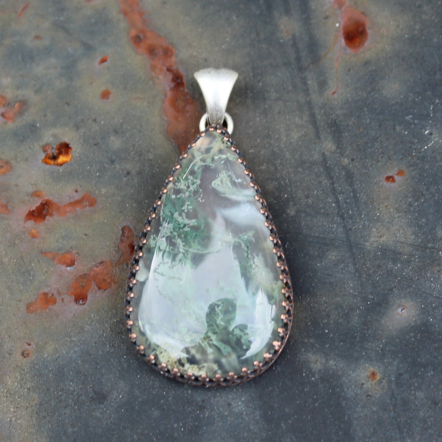 Moss Agate Necklace with Minimal Open Back