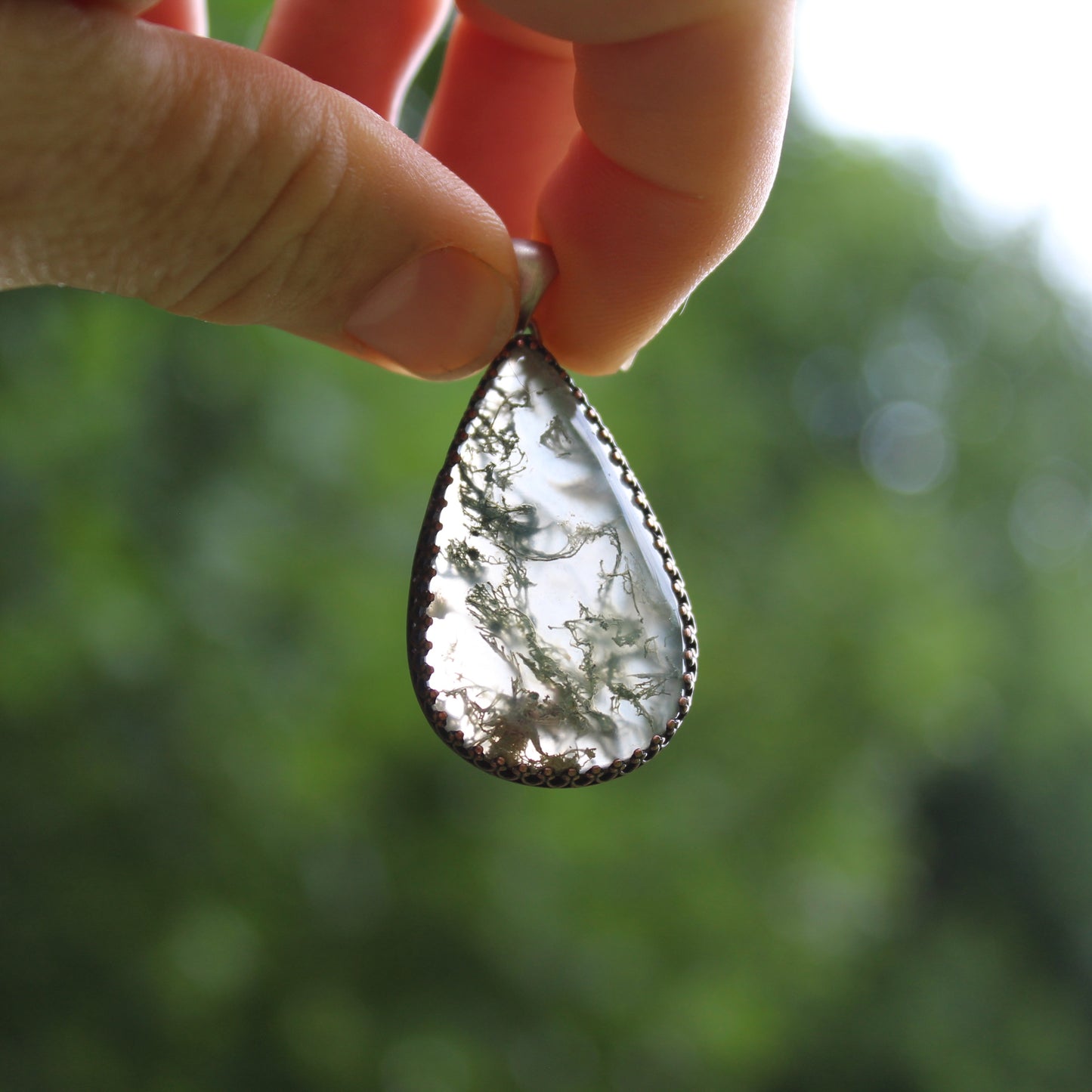Moss Agate Necklace with Minimal Open Back