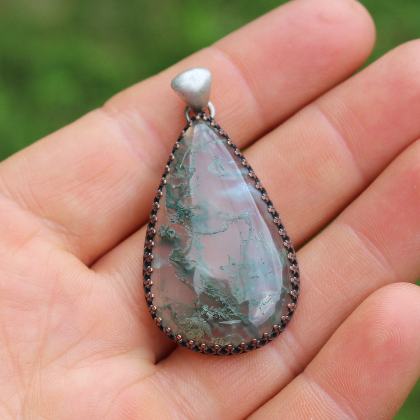 Moss Agate Necklace with Minimal Open Back