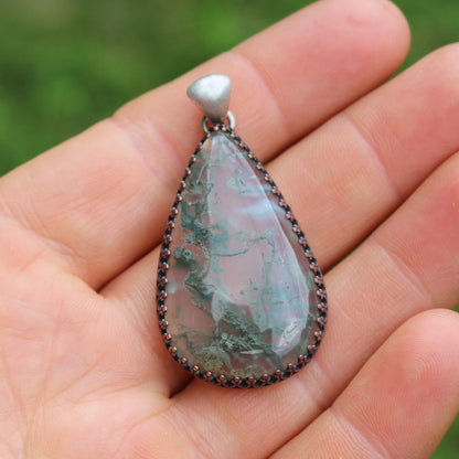Moss Agate Necklace with Minimal Open Back