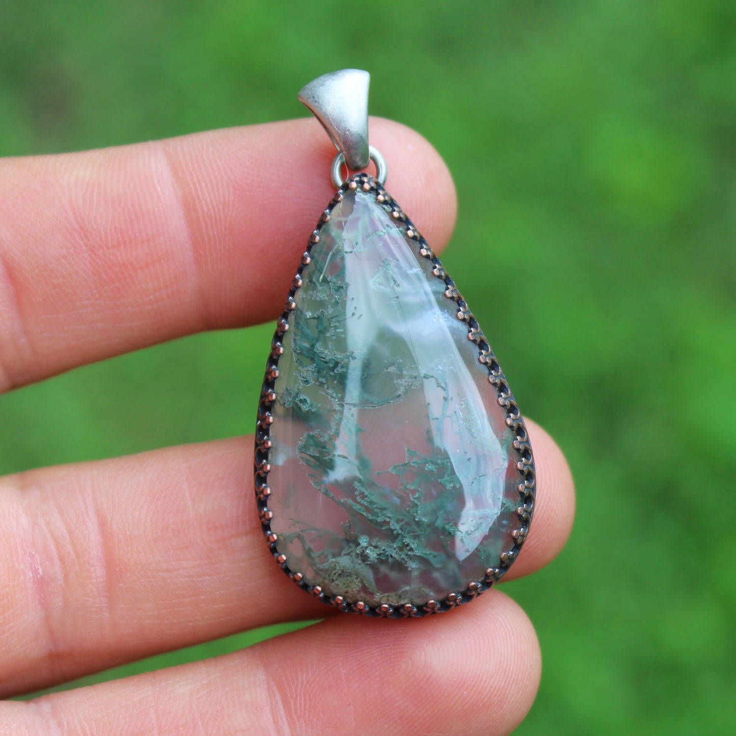 Moss Agate Necklace with Minimal Open Back