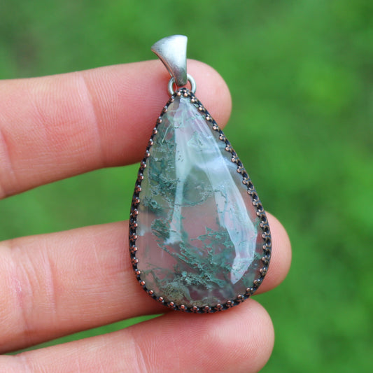 Moss Agate Necklace with Minimal Open Back
