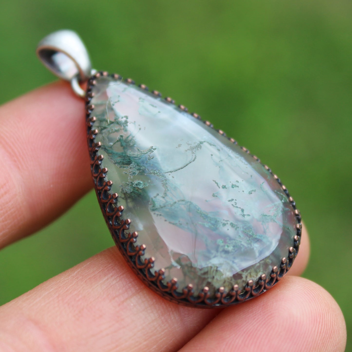 Moss Agate Necklace with Minimal Open Back
