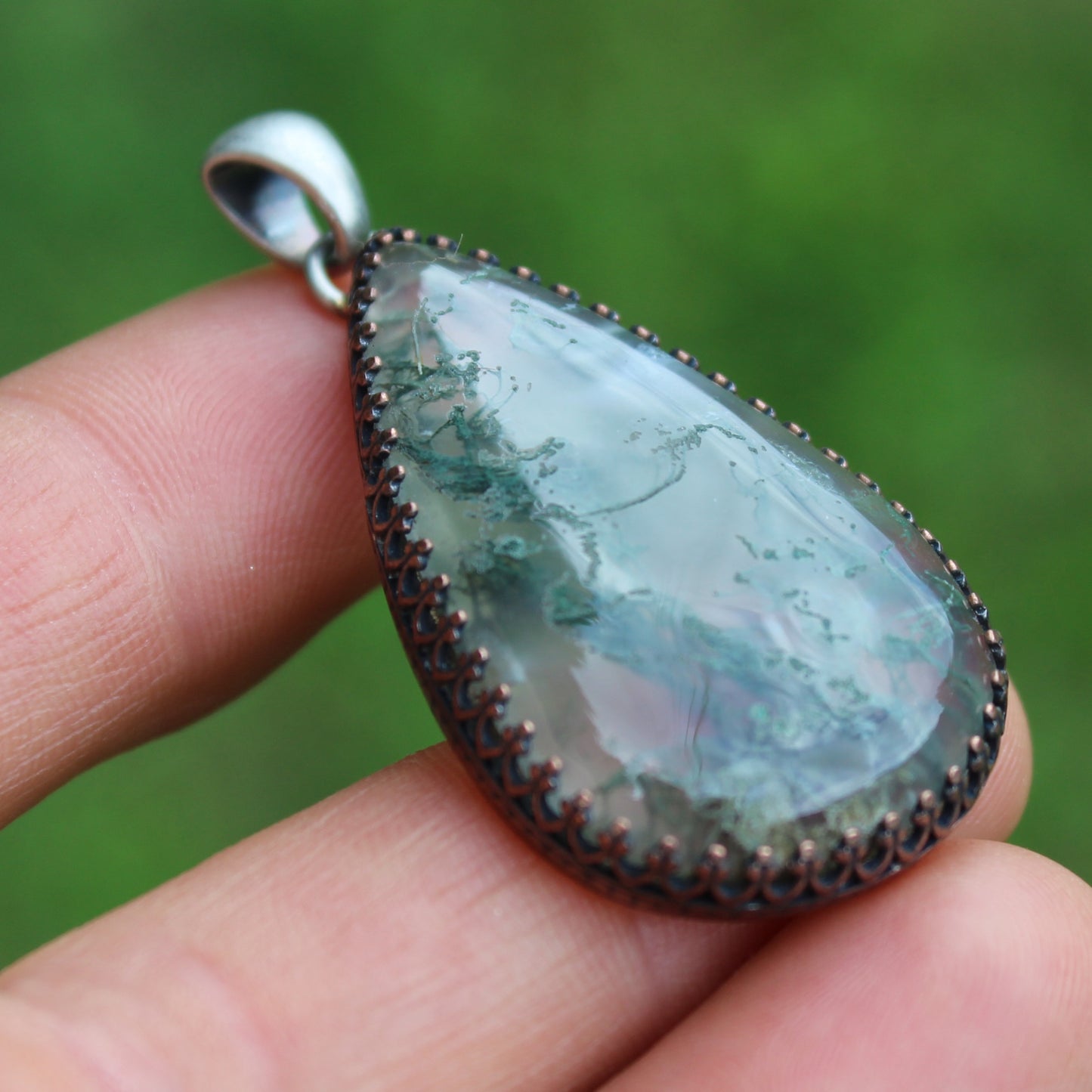 Moss Agate Necklace with Minimal Open Back