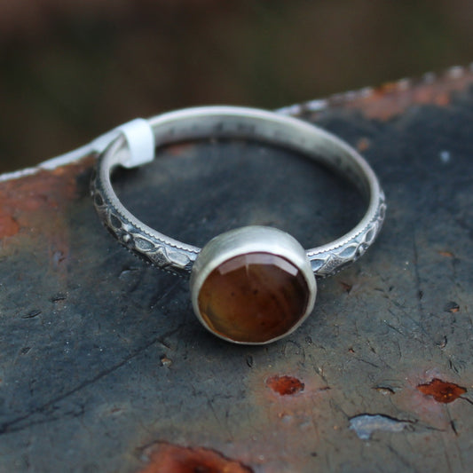 Size 9 1/2 Montana Agate Ring with Dogwood Floral Sterling Silver Band