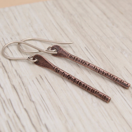 #3111 Textured Reclaimed Copper Stick Earrings