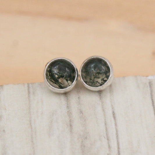 #3012 Moss Agate Stud Earrings with Smooth Setting