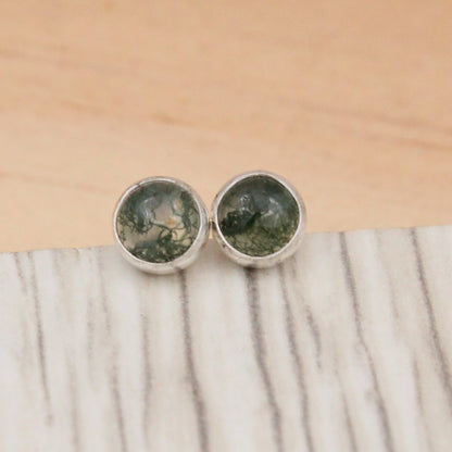 #3012 Moss Agate Stud Earrings with Smooth Setting