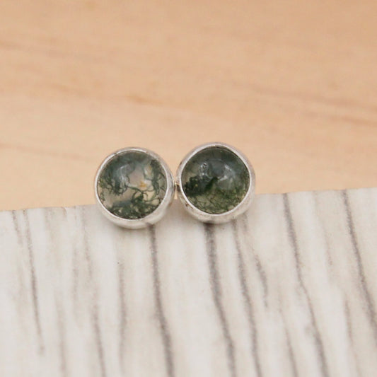 #3012 Moss Agate Stud Earrings with Smooth Setting
