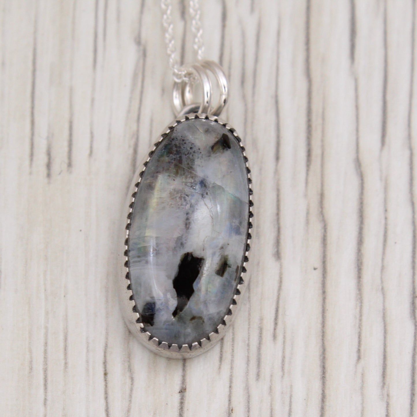 Rainbow Moonstone with Black Tourmaline Inclusions Silver Mountain Necklace