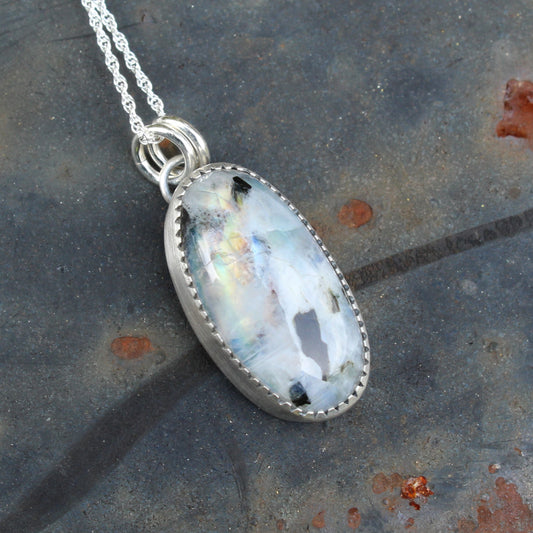 Rainbow Moonstone with Black Tourmaline Inclusions Silver Mountain Necklace