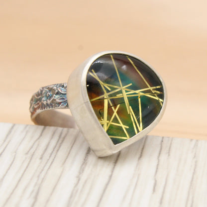 Size 9 1/4 #3174 Aurora Opal and Golden Rutilated Quartz Doublet