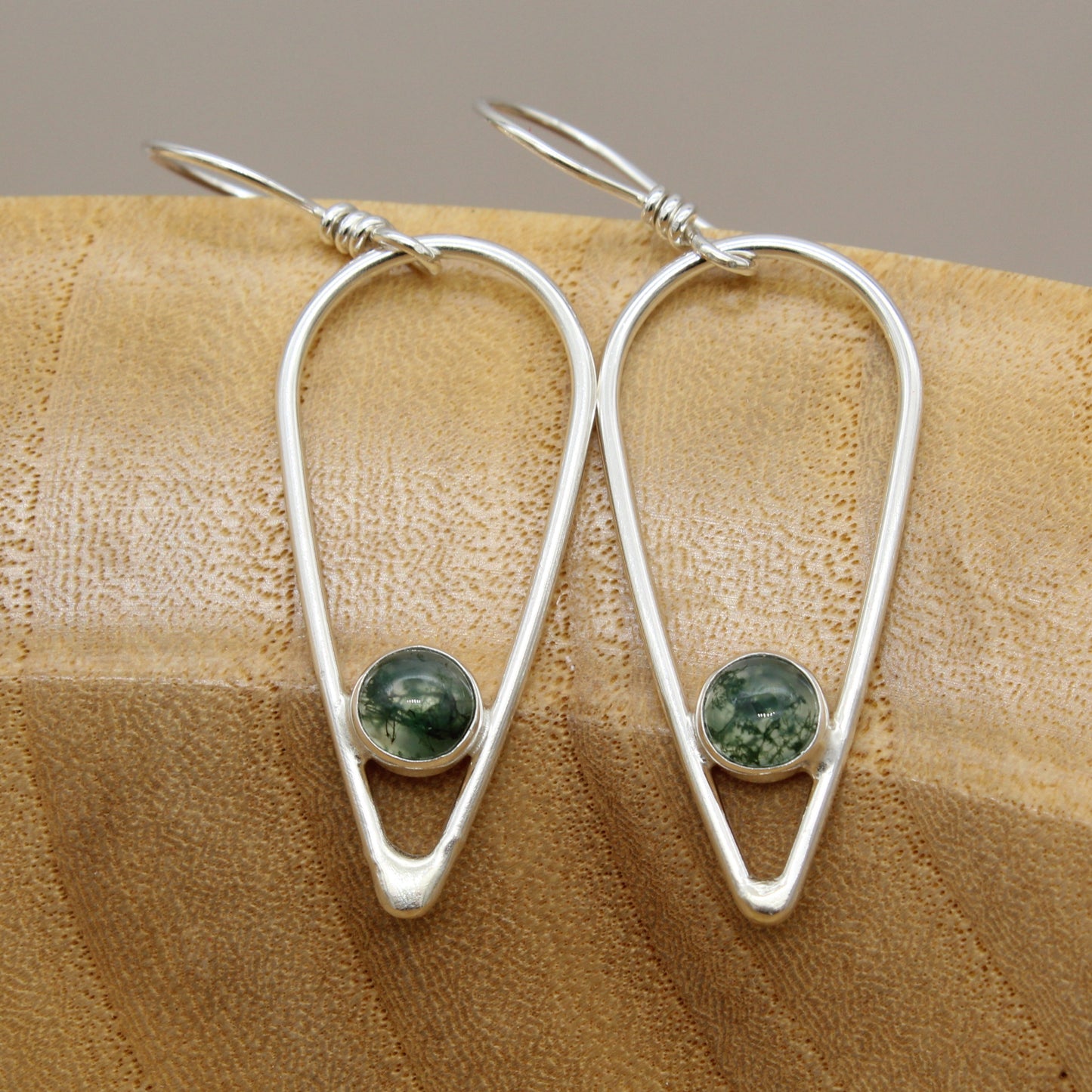 Moss Agate and Sterling Silver Inverted Teardrop Earrings