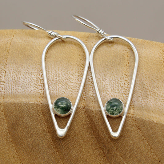 Moss Agate and Sterling Silver Inverted Teardrop Earrings