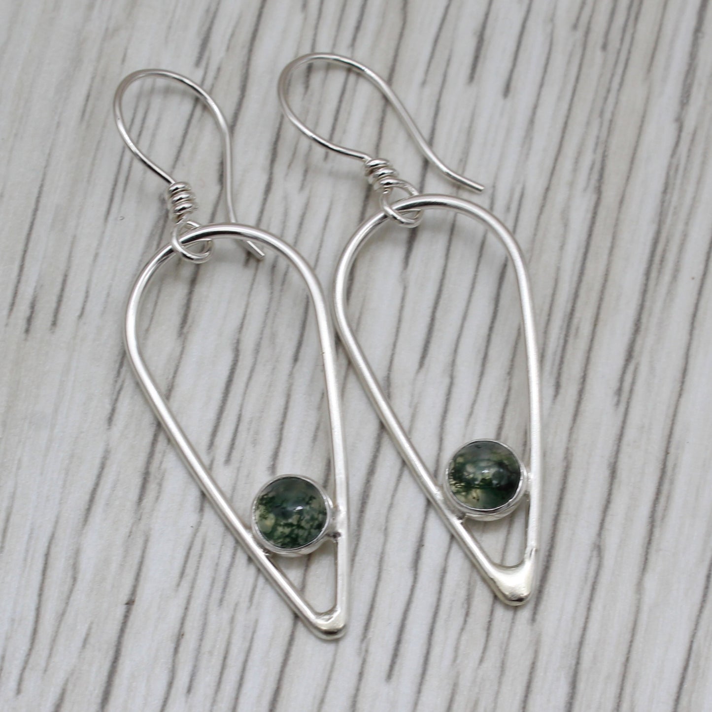 Moss Agate and Sterling Silver Inverted Teardrop Earrings