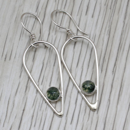 Moss Agate and Sterling Silver Inverted Teardrop Earrings