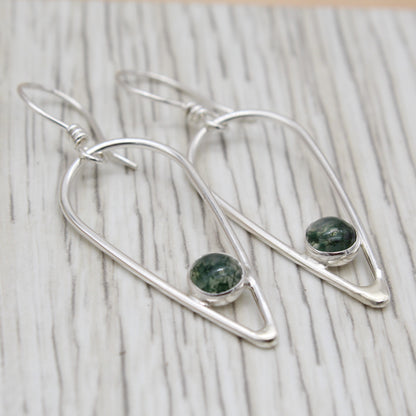 Moss Agate and Sterling Silver Inverted Teardrop Earrings