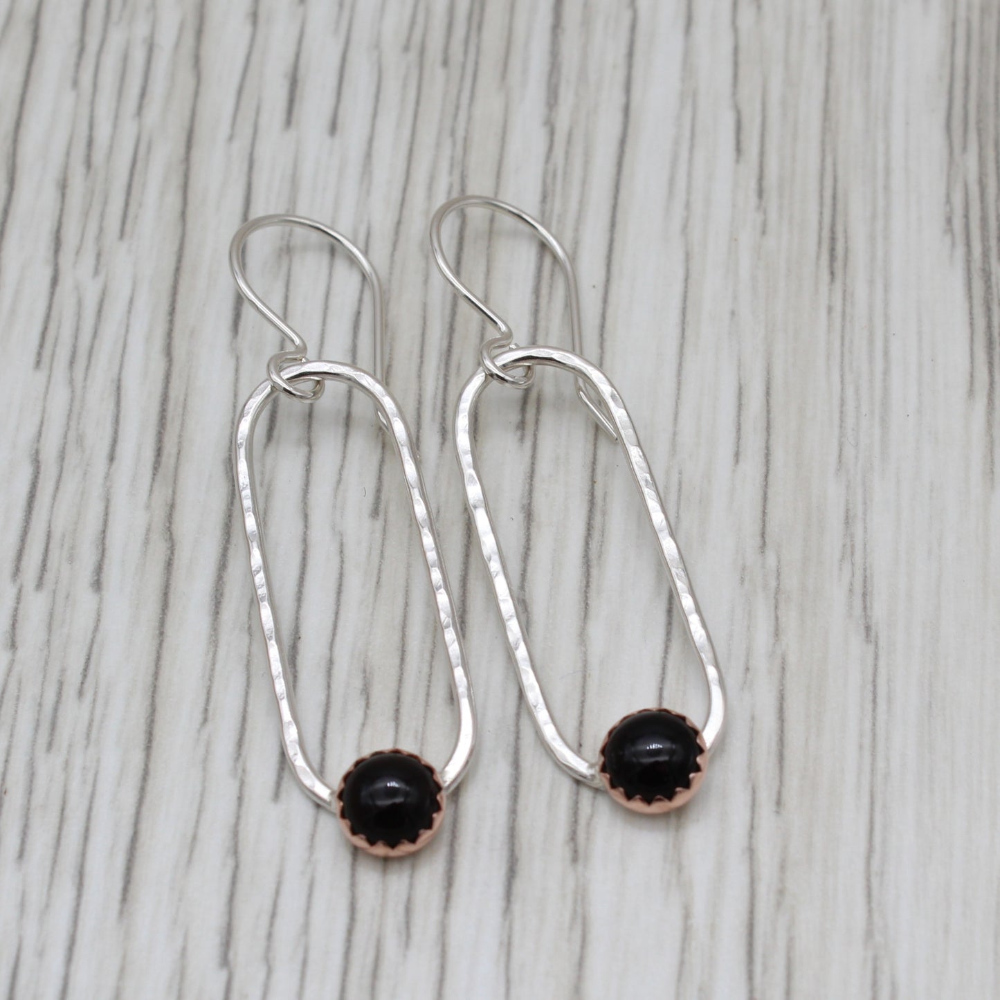 Onyx, Copper and Silver Dangle Earrings